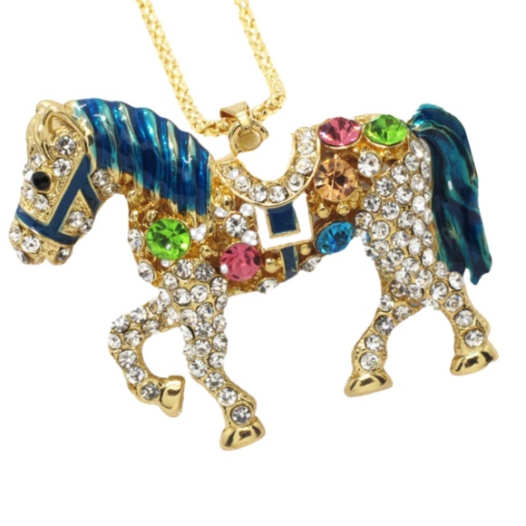 Multicolor Horse Necklace - Crystals and Rhinestones 2 1/2" Tall- Betsey Johnson - Picture 3 of 5